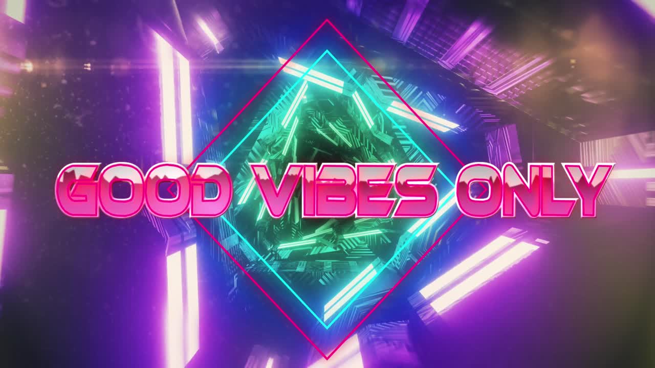 Animation von Text „Good Vibes Only“ über einem sich bewegenden digitalen Tunnel