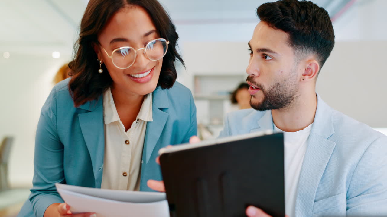 Collaboration, tablet or documents with a man