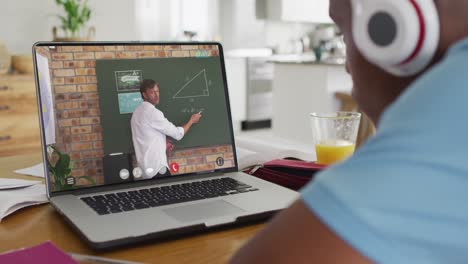 Animation-of-african-american-boy-in-headphones-having-online-lessons-on-laptop-at-home