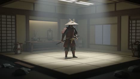 a silent duel: a stealthy samurai in a traditional japanese dojo, showcasing the art of combat and the legacy of ancient warriors in a dimly lit environment
