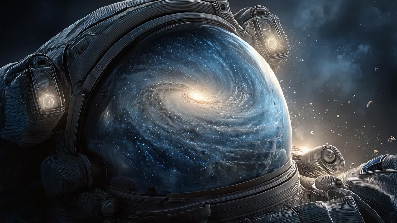 An Astronaut Observes a Majestic Galaxy Through the Space Helmet, Capturing the Depths of the Universe and the Beauty of Cosmic Exploration