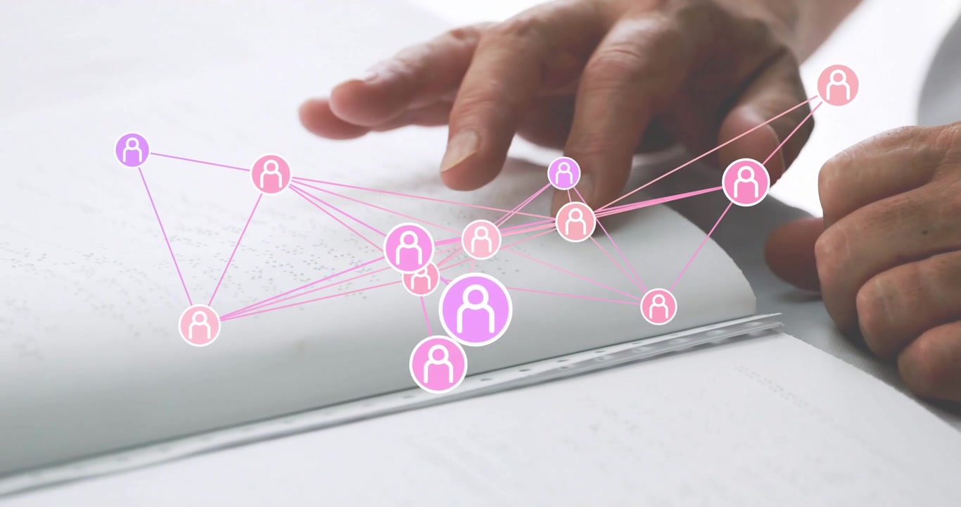 Man's right hand lifting tactile page, shifting digital network overlay and visualizing data flow