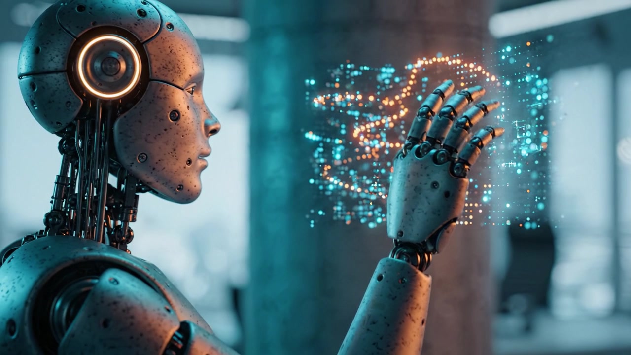 Futuristic humanoid robot interacting with digital particles, showcasing advanced technology and artificial intelligence in a modern, tech-driven environment.