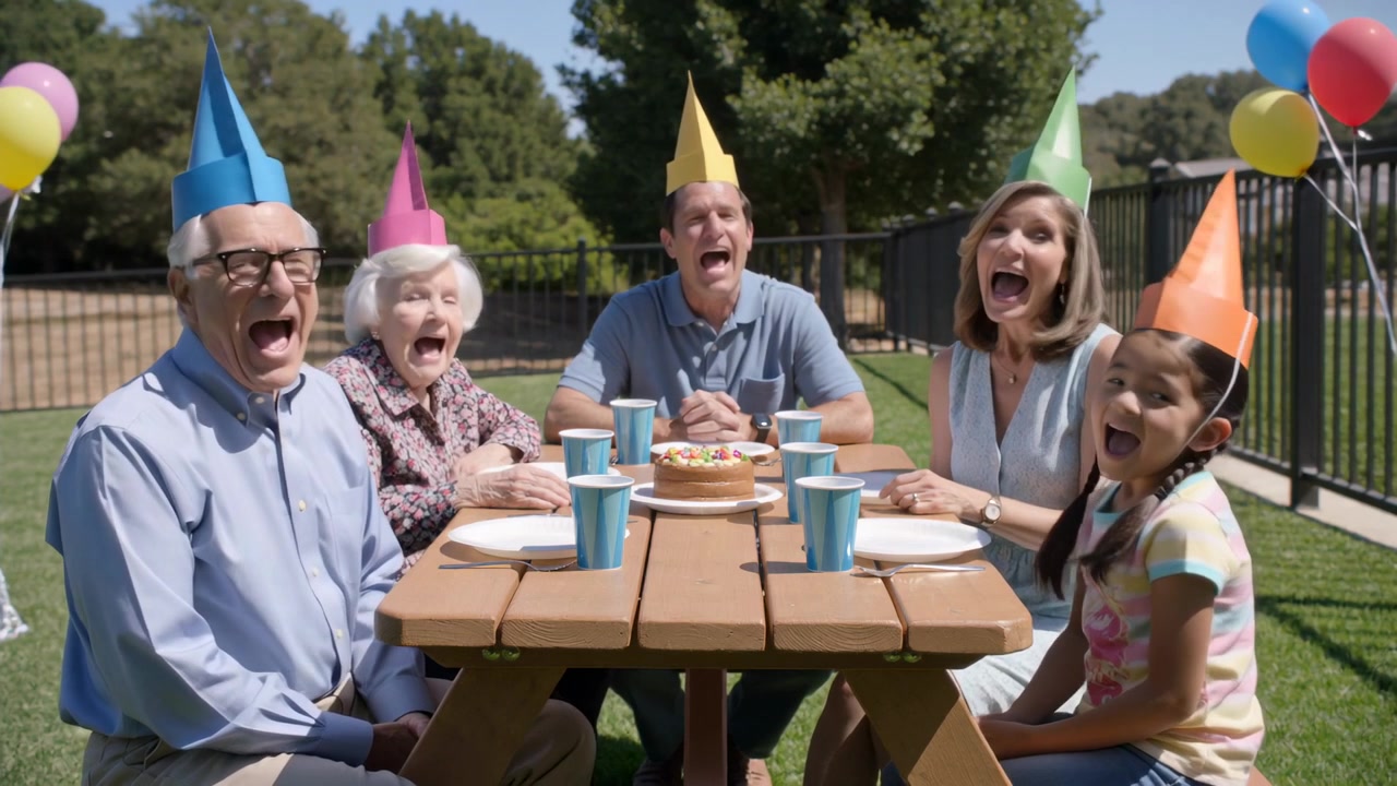 En syngende familie reagerer på tændte kage-stearinlys ved et picnicbord i parken til en fødselsdag, iført festhatte.