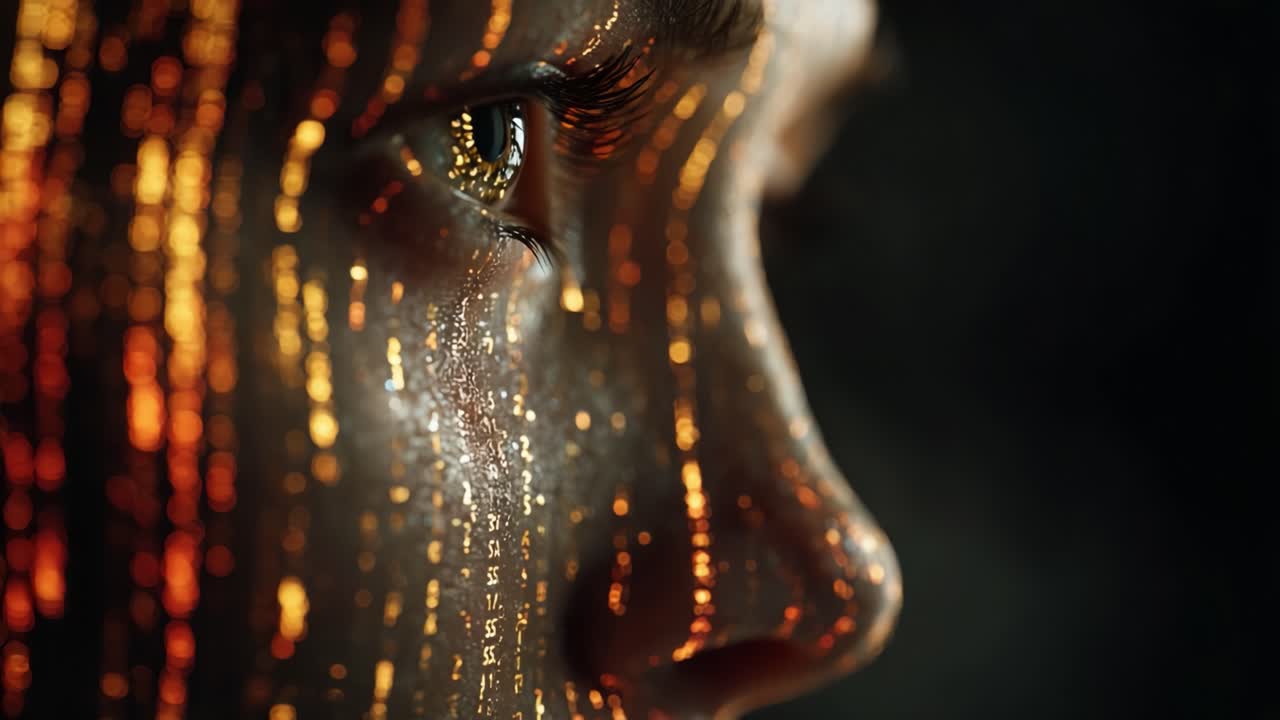 A superficial close-up of a beautifully illuminated face, featuring intricate patterns of shimmering golden light cascading down the skin, symbolizing the intersection of technology and humanity in a captivating experience