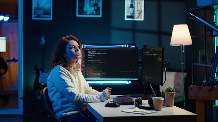 Programmierer überprüfen den Code auf dem Computermonitor und die AR-Visualisierung