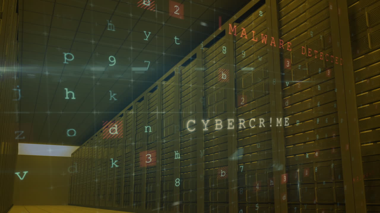 animación de advertencia de ataque cibernético sobre la sala de servidores