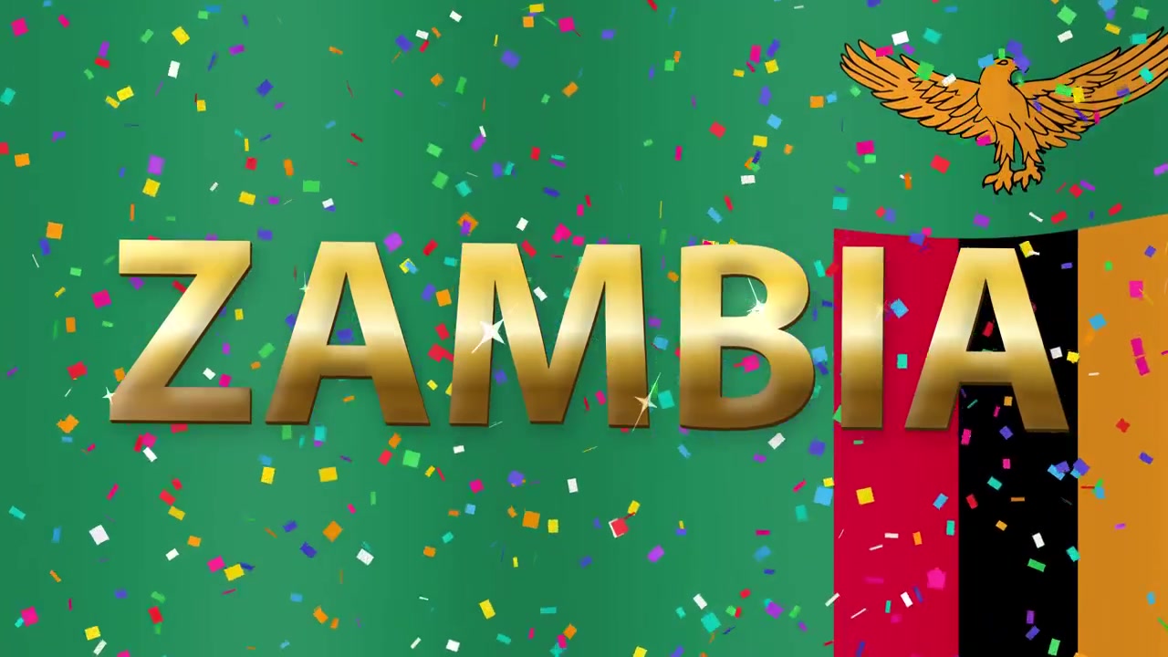 Bandiera dello Zambia che sventola dietro un testo 3D dorato, mentre coriandoli colorati cadono in loop