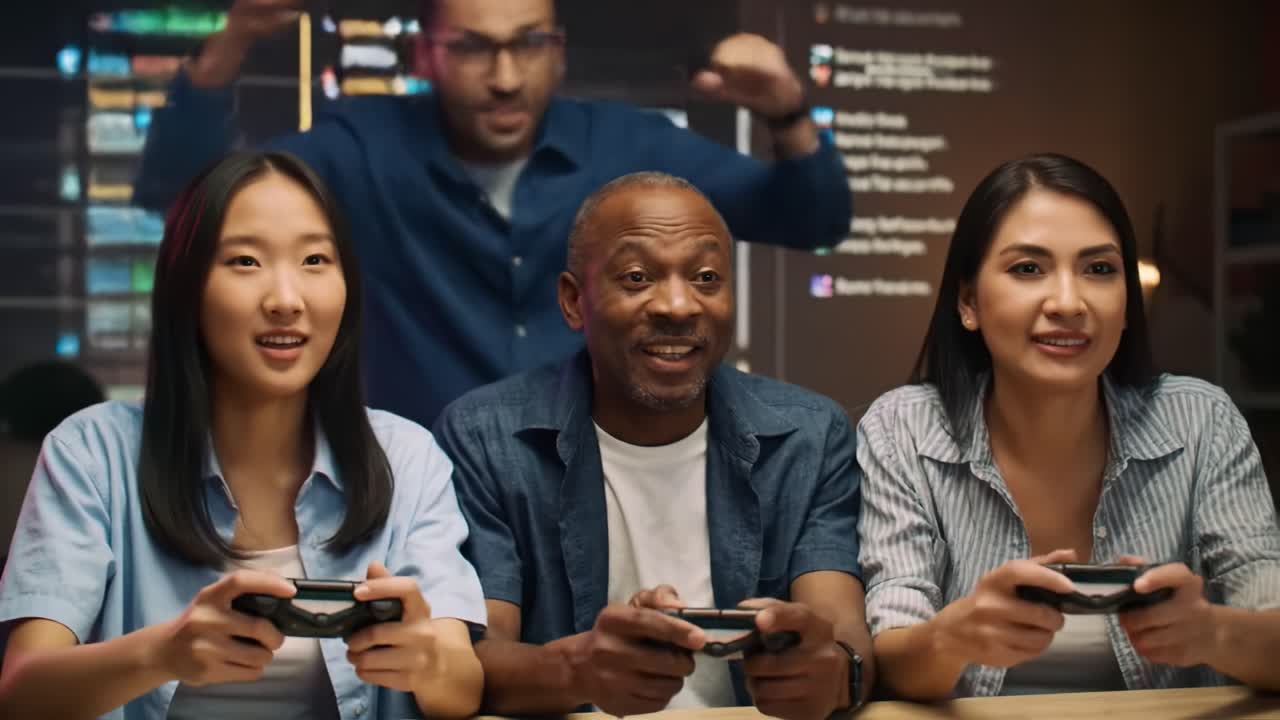 Exciting Moments of Gaming: A Diverse Group Enjoys Competitive Play, Uniting Generations Through Shared Joy and Laughter in a Colorful Digital Environment