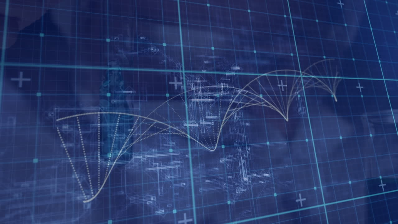 Animation of digital screen with dna on navy background