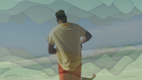 running on beach, man with animation of abstract wave patterns in scene