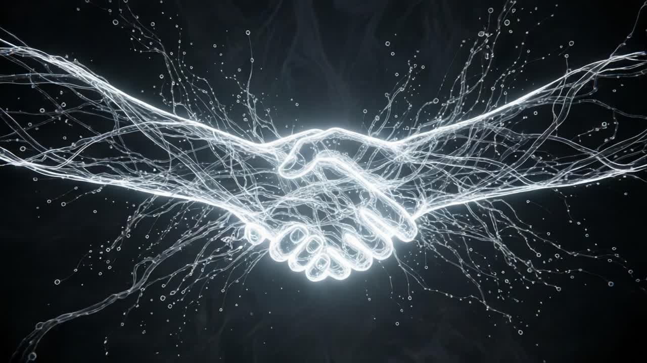 A Dynamic Display of Connection: Hands Forming a Symbolic Gesture of Unity and Cooperation Through Illuminated Energy and Electric Tendrils in a Dark Setting