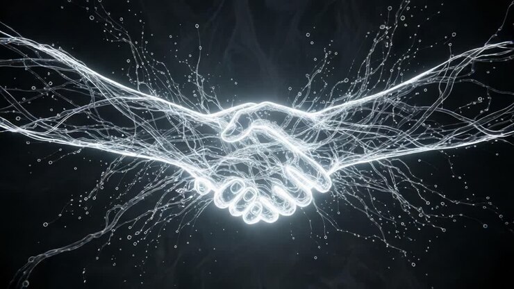 A Dynamic Display of Connection: Hands Forming a Symbolic Gesture of Unity and Cooperation Through Illuminated Energy and Electric Tendrils in a Dark Setting