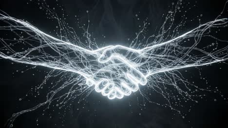 A Dynamic Display of Connection: Hands Forming a Symbolic Gesture of Unity and Cooperation Through Illuminated Energy and Electric Tendrils in a Dark Setting