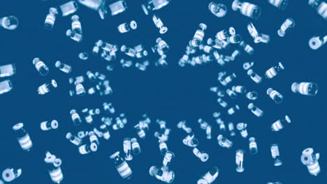 volando muchas botellas de vacunas en fondo azul. concepto médico. cura de virus. líquido transparente. animación de bucle 3d de vacunas.