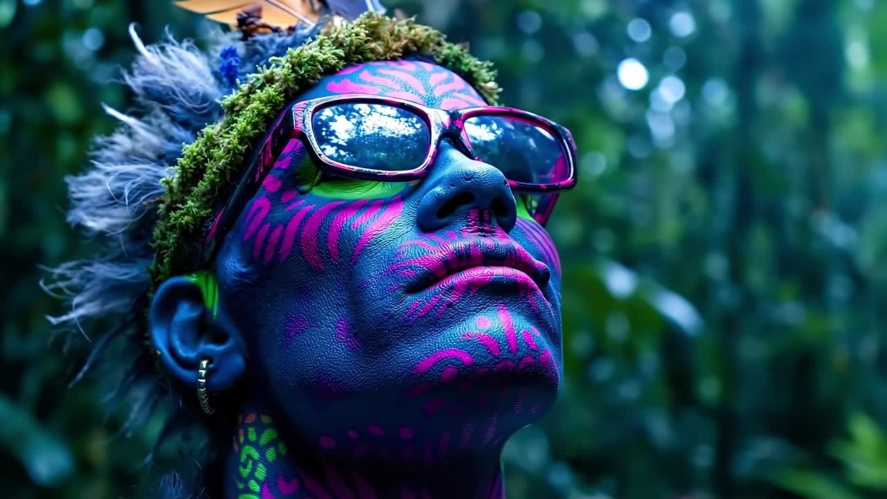 A woman with colorful face paint and sunglasses in the woods