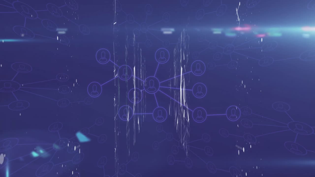 Network of digital icons and screens with network of connections against blue background