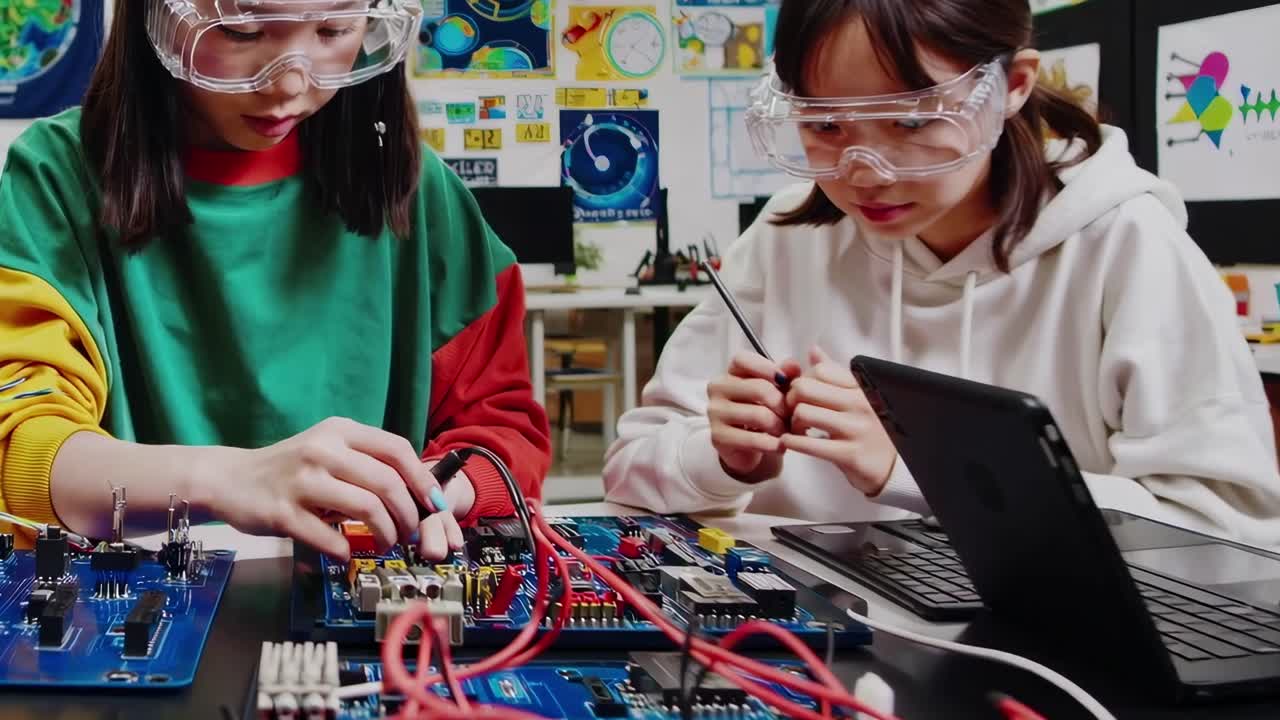 High-angle video of two students in goggles working on circuit boards in a classroom