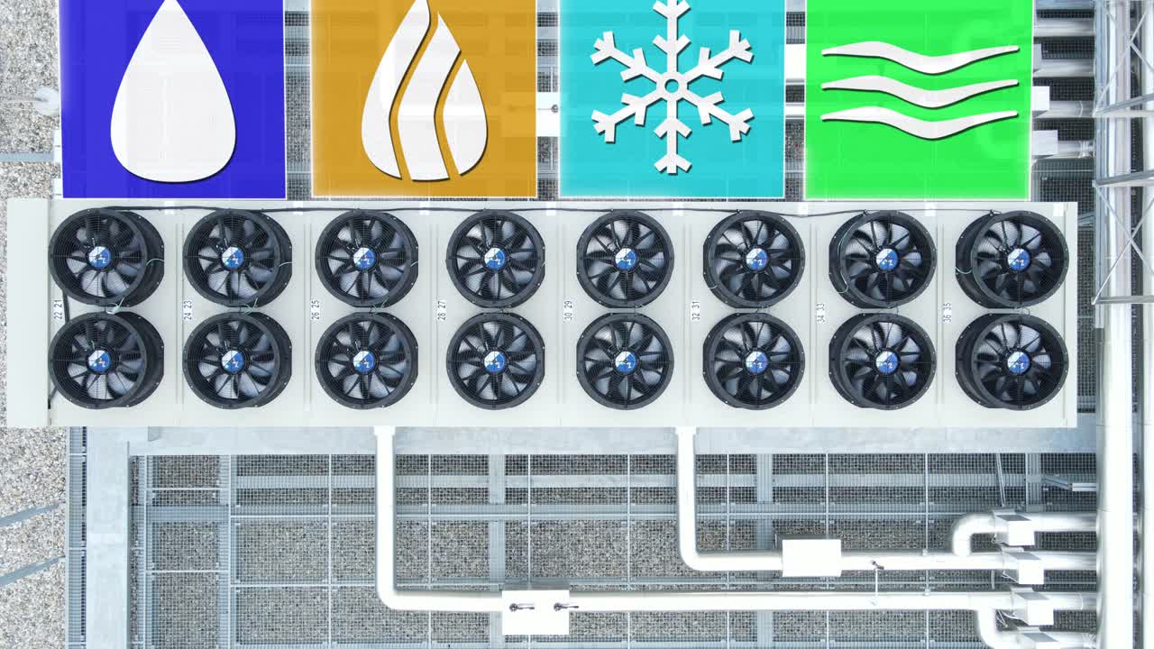 HVAC Animated Icons of Heating, Ventilation and Air Conditioning System Unit on Rooftop. 3D Render Animation