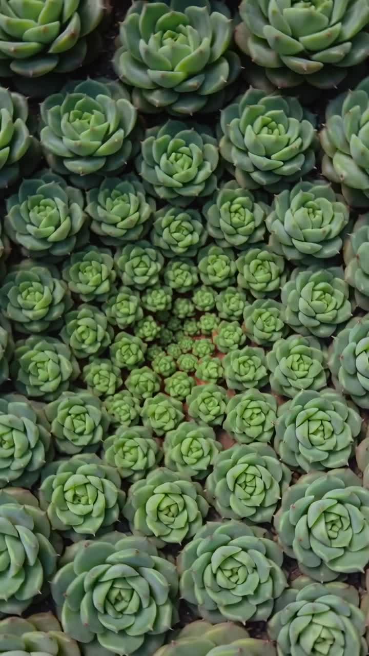 Video verticale: Telecamera che si muove su un denso grappolo di rosette in un vassoio basso, rivelando il terriccio.