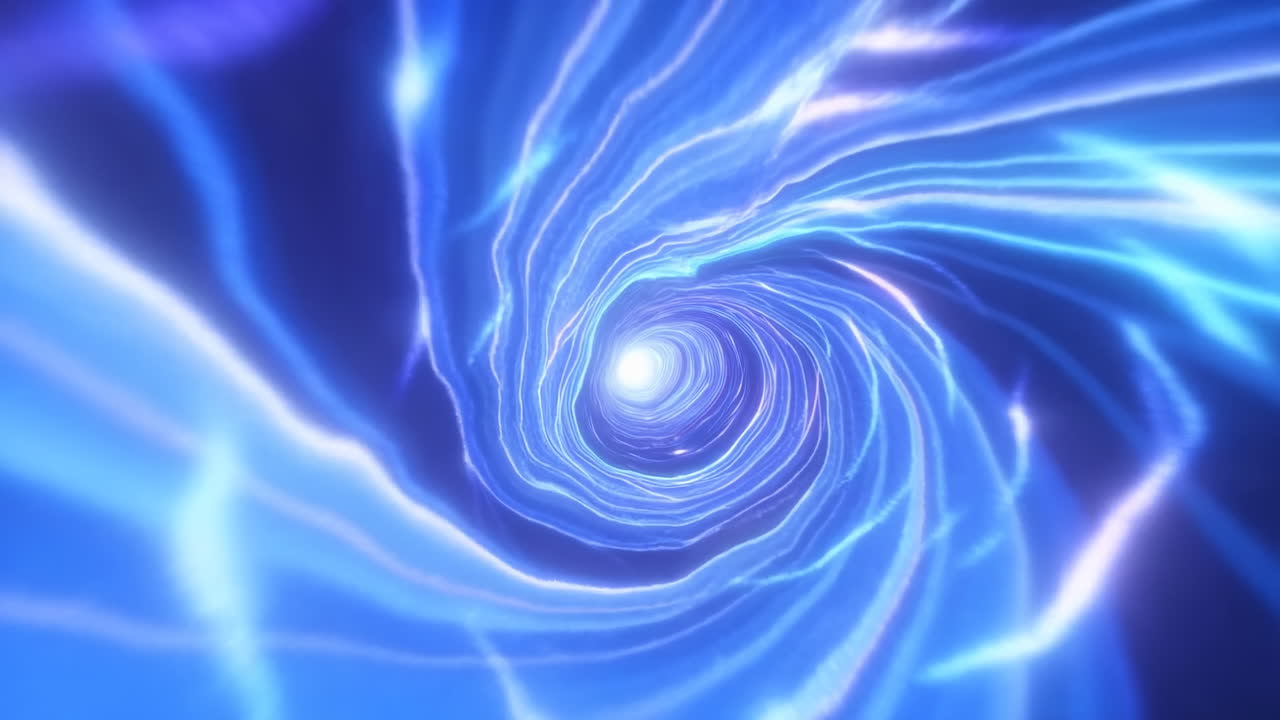Swirling Blue Energy Vortex Tunnel With Neon Streaks Swirling Inward, Luminous Core Pulsing, Electric Currents