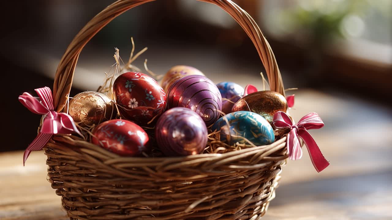 Warm sunlight glows through a wooden window. Colorful eggs rest in a woven basket. Pink ribbons tie the basket's handle. Eggs gleam with festive, hand-painted designs