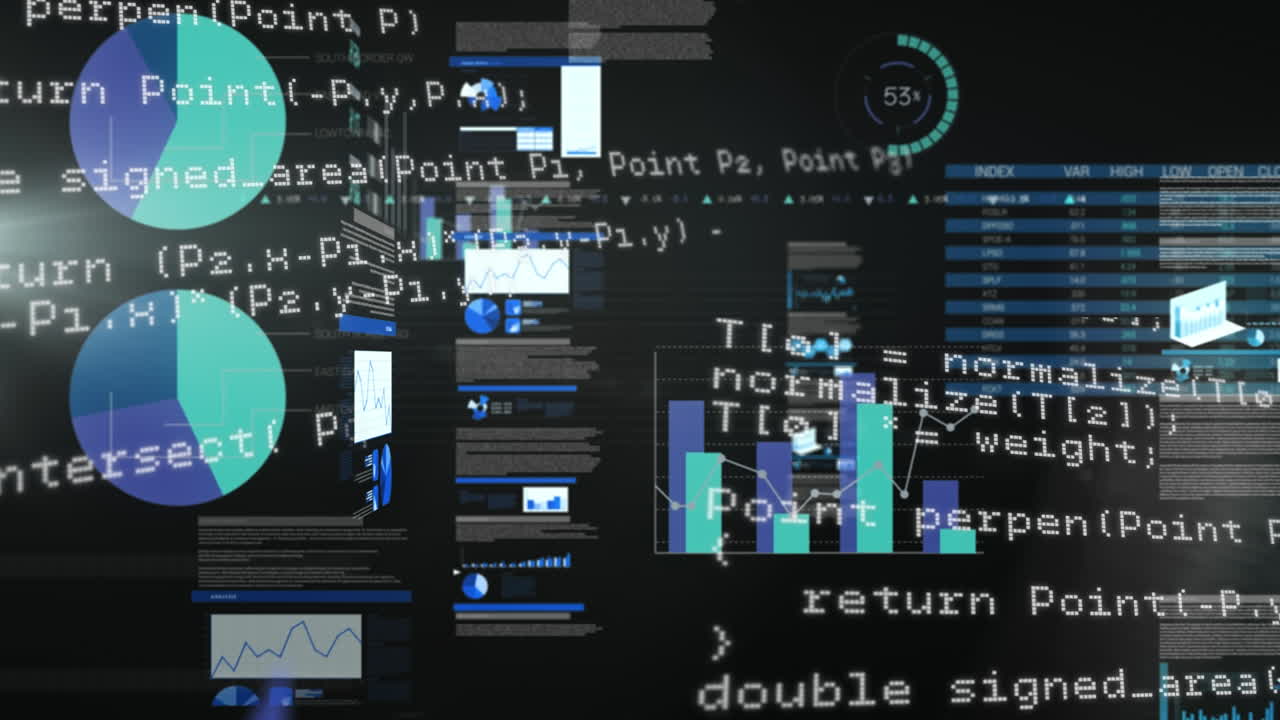 Animation of graphs and data processing on black background