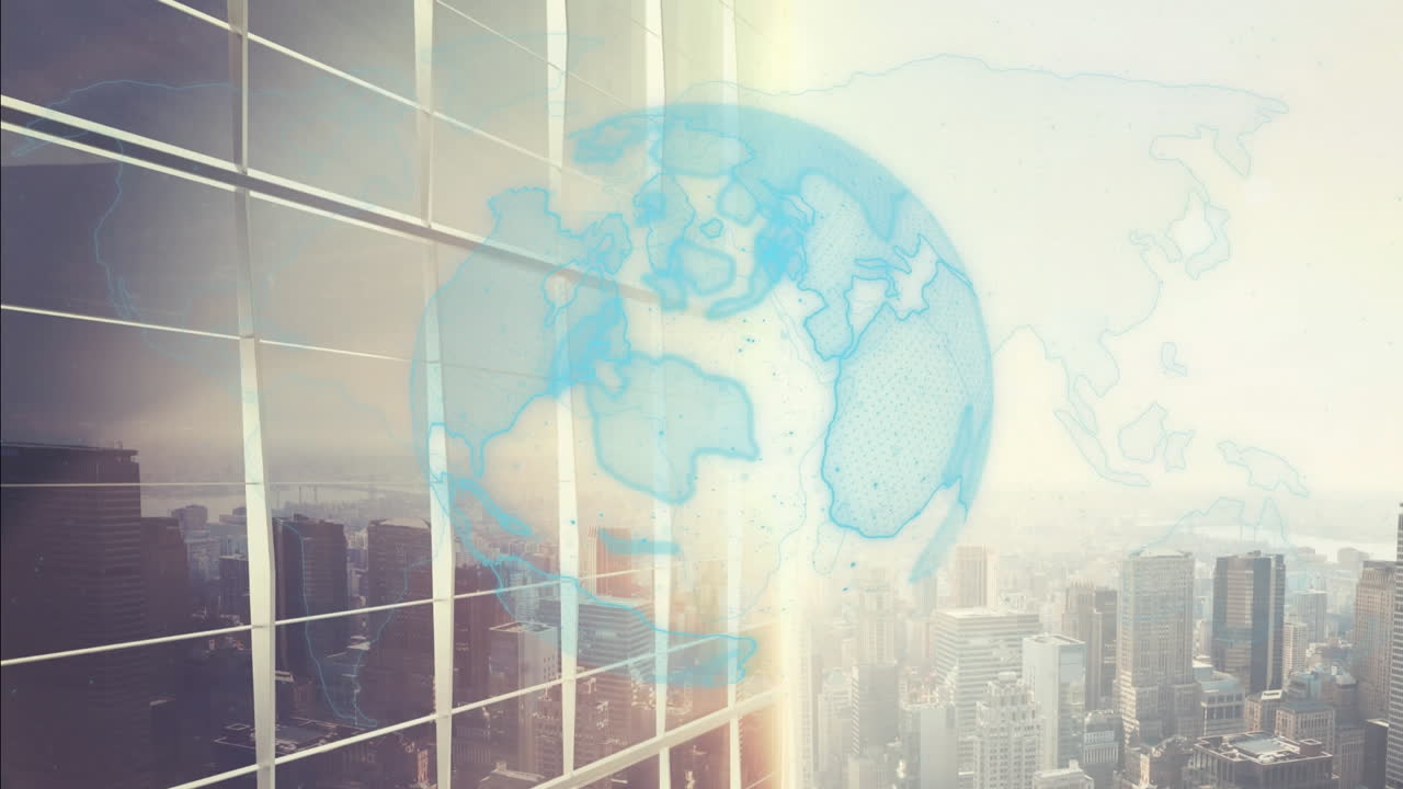 도시를 바라보는 회전하는 지구의 애니메이션.