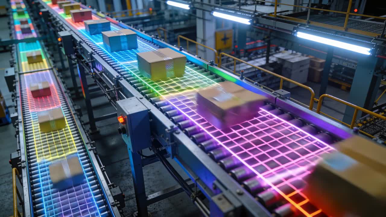 Moving twin roller conveyors transporting cardboard boxes through plant, with colorful LED grid