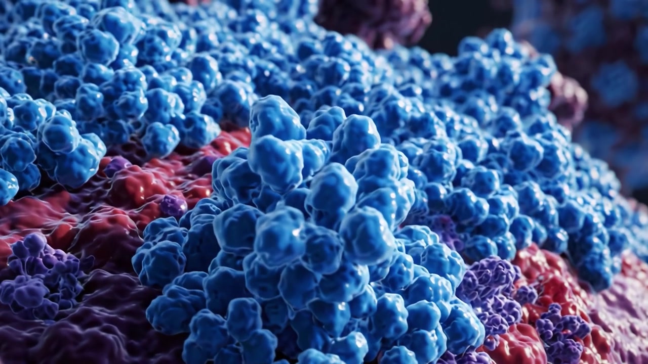 Visualizzazione Microscopica di Strutture Cellulari che Evidenzia Complesse Interazioni tra Molecole in un Vibrante Ambiente 3D con Texture e Colori Vari