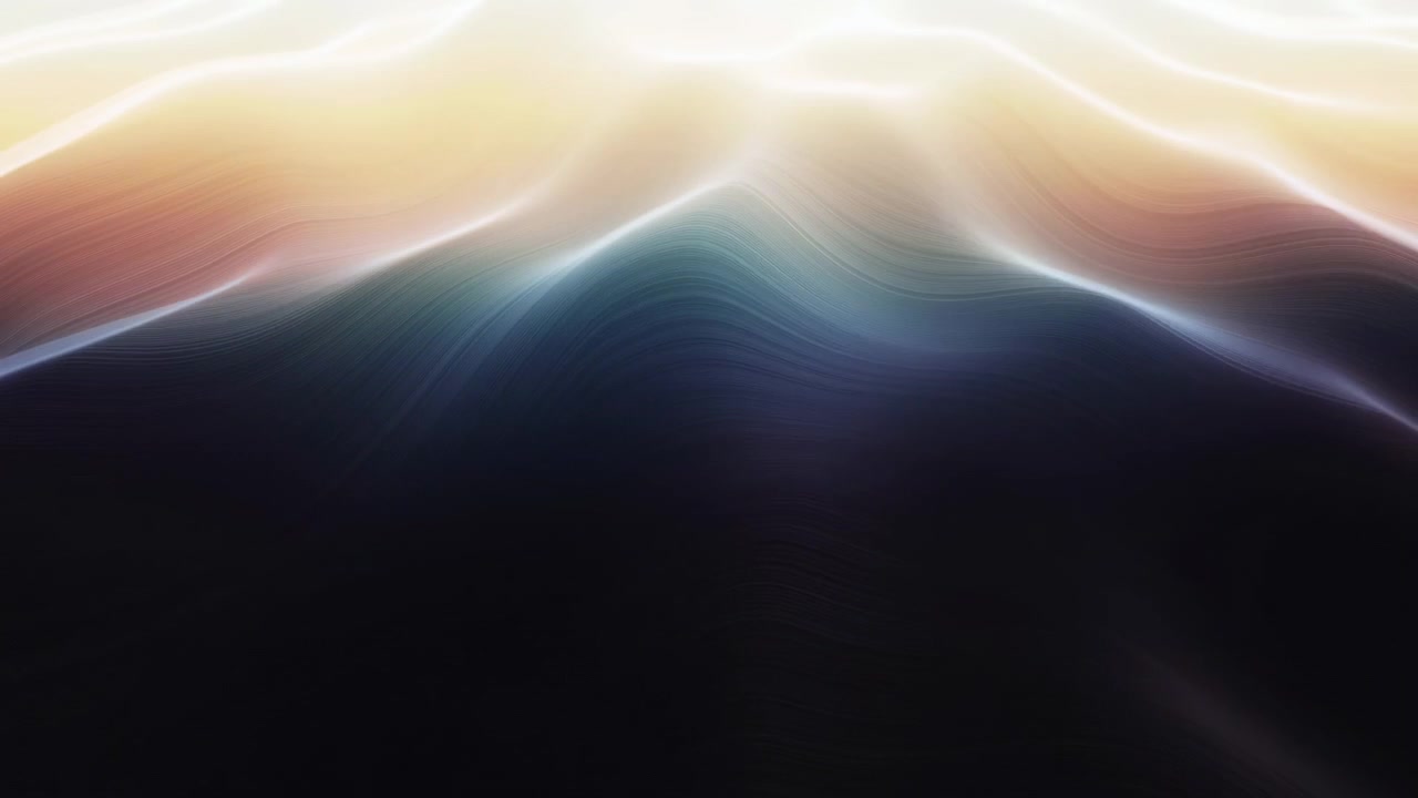 Abstract scene shows smooth flowing bands and blurred light arcs over wide gradient surface, with bright white and gold top glow fading into peach, rose, teal, and navy tones that create calm