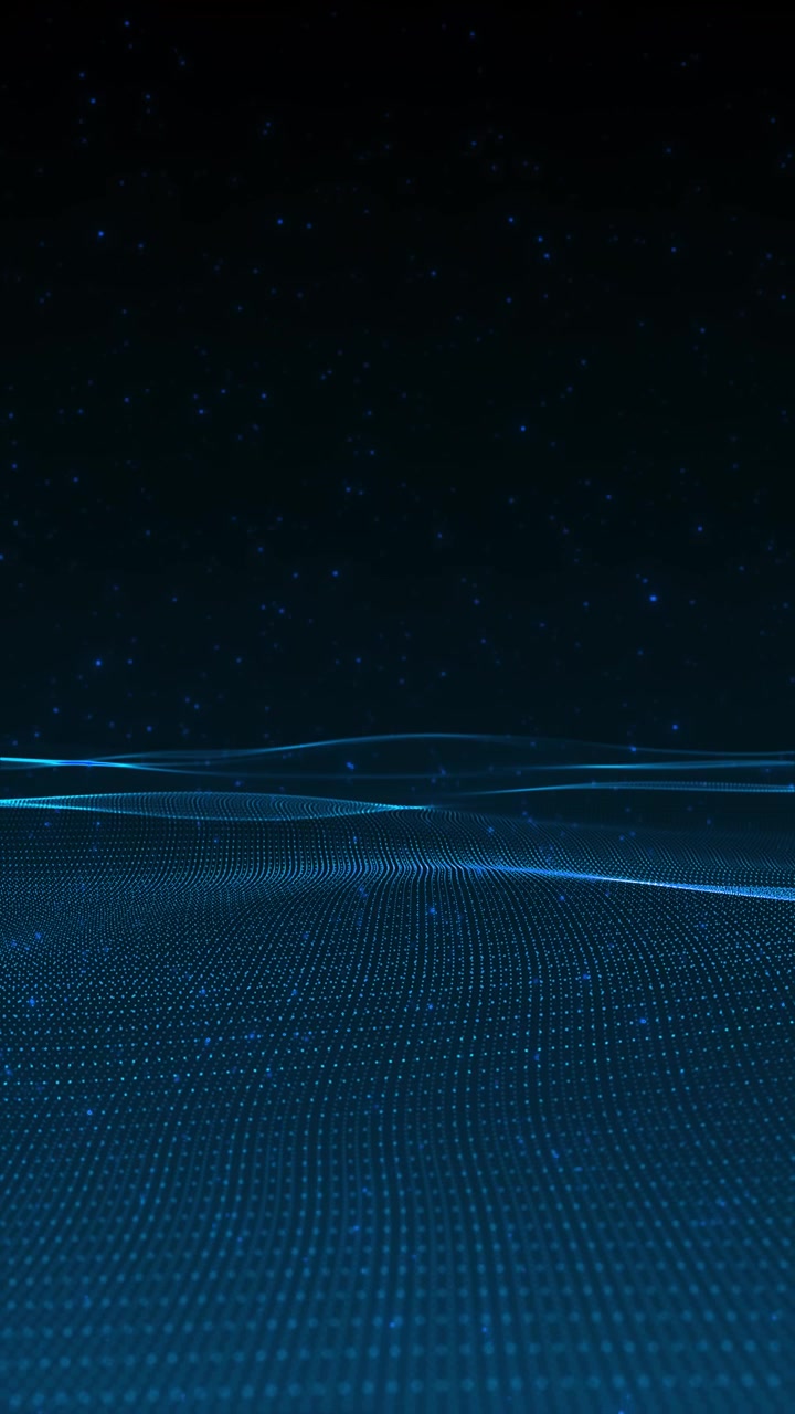 Blue digital particle landscape background with glowing dot waves dark star space smooth mesh