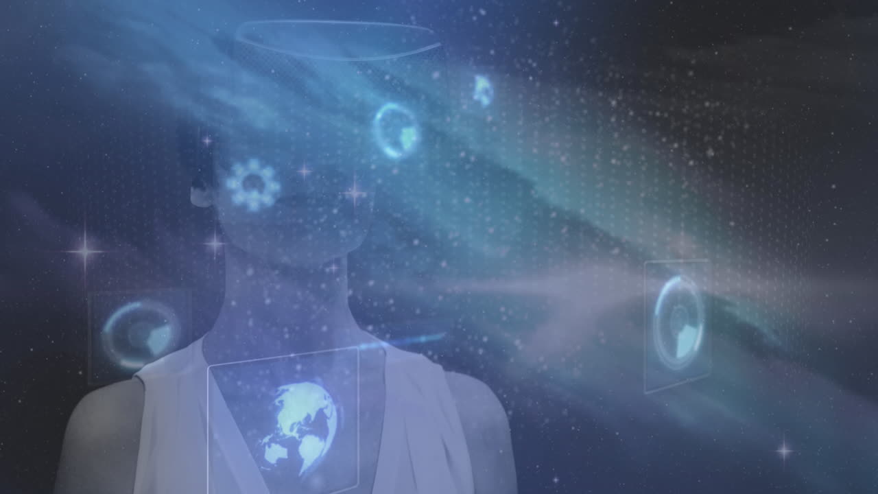 vr 헤드 ⁇ 을 착용 한 여성 위의 스크린에서 스캔하는 스 ⁇ 의 애니메이션