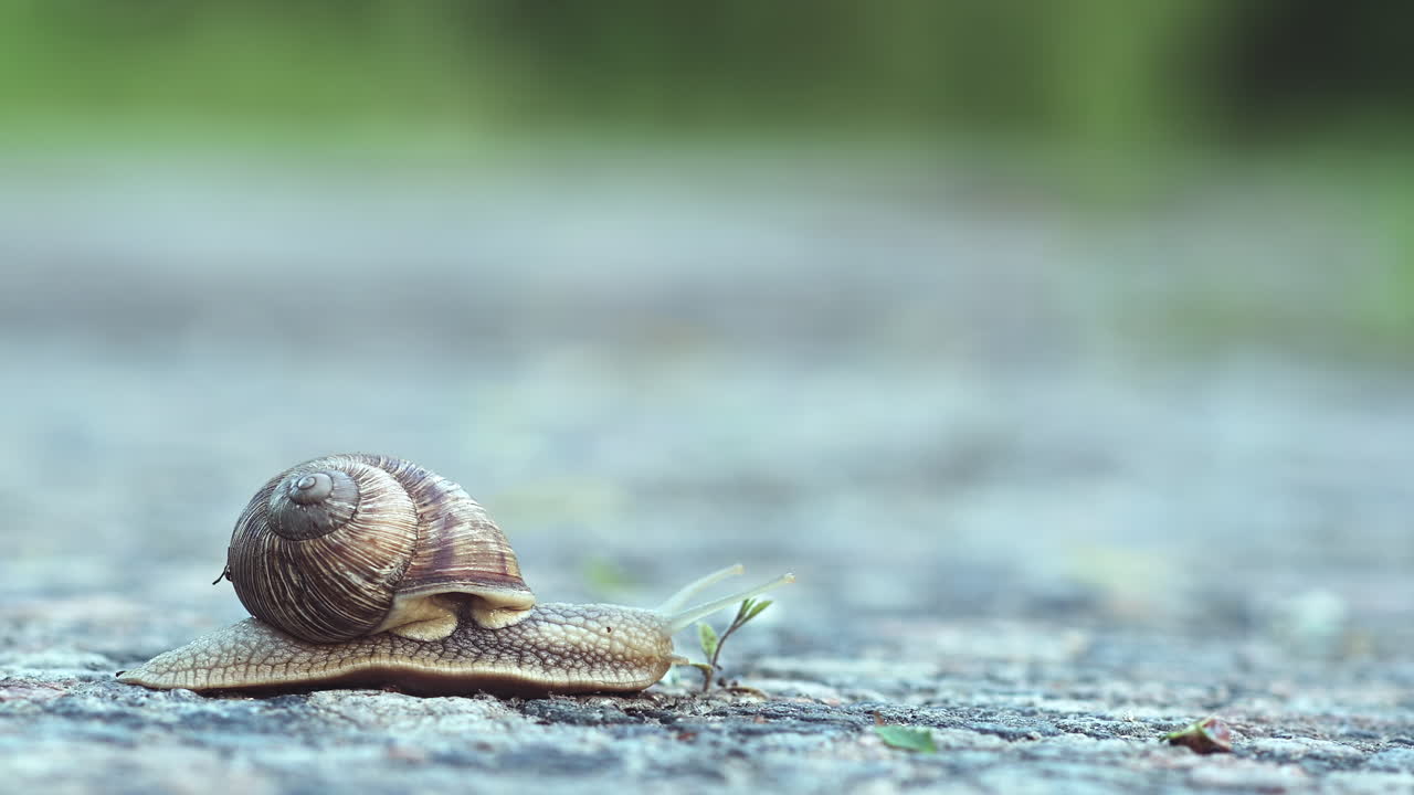 Close up of a snail with a spiral shell crawling slowly across the ground
