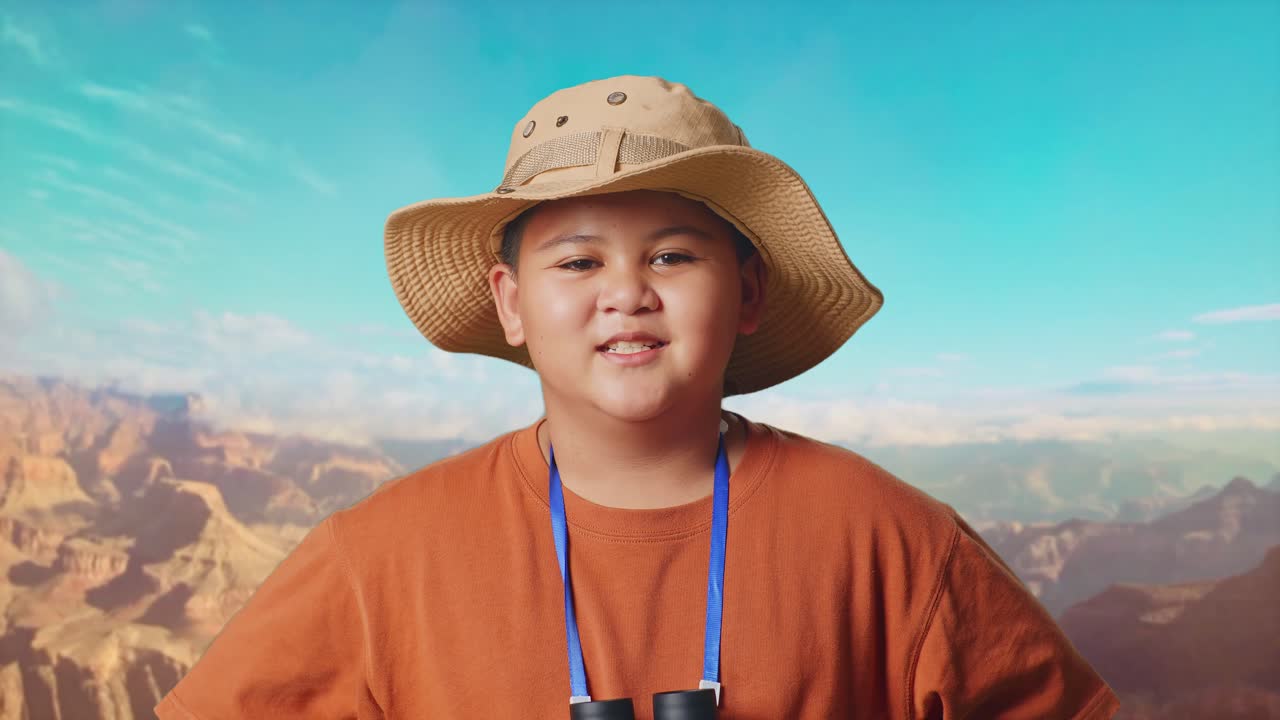 Asian Boy With A Hat And Binoculars Smiling To Camera With Arms Akimbo While Traveling At The Top Of Mountain. Boy Researcher Examines Something, Travel Tourism Adventure, Close Up