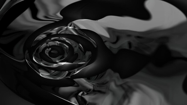 Un video CGI astratto che mostra un vortice a spirale dinamico che si muove in un fluido scuro e monocromatico con texture superficiali ondulate dettagliate