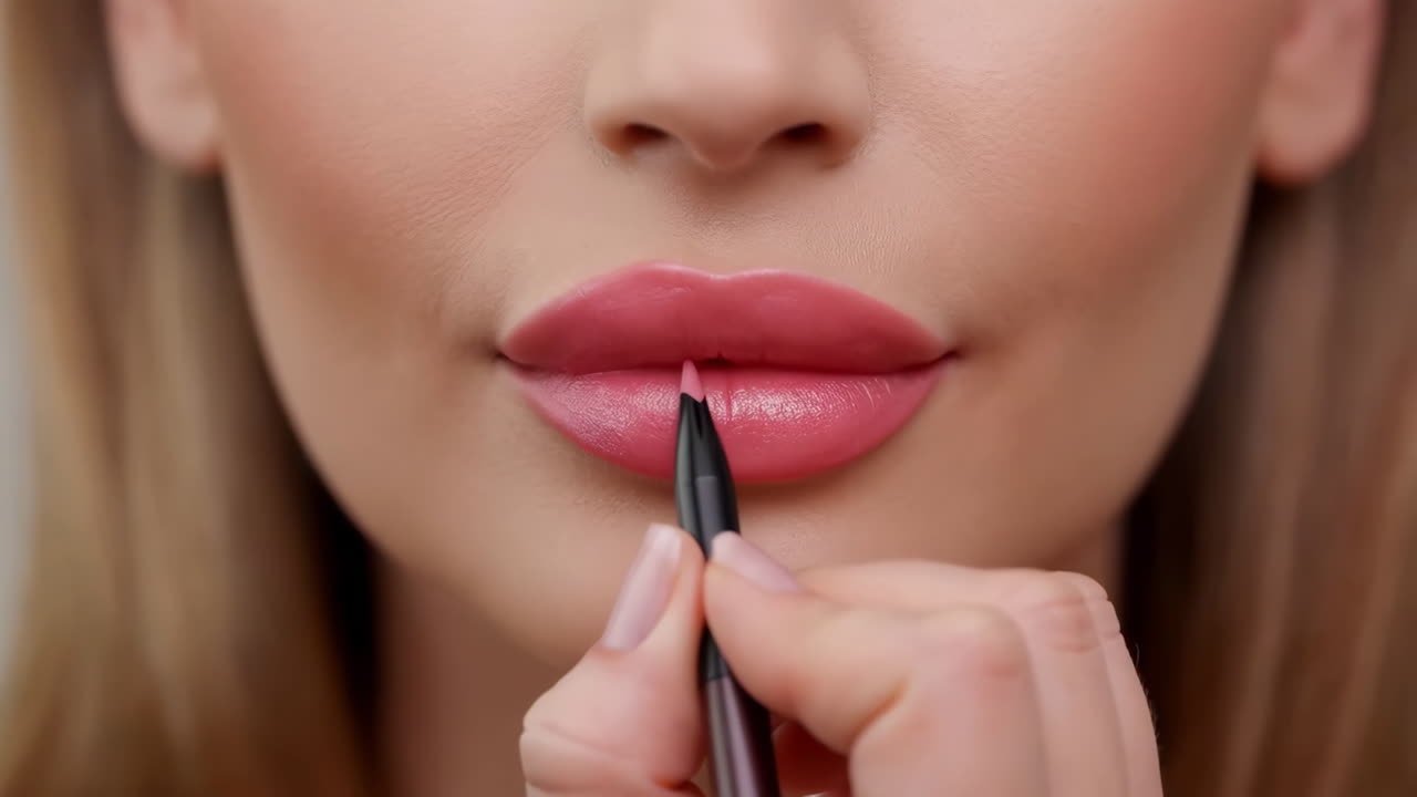 Nærbilde av kvinne som påfører rosa lipliner på leppene sine