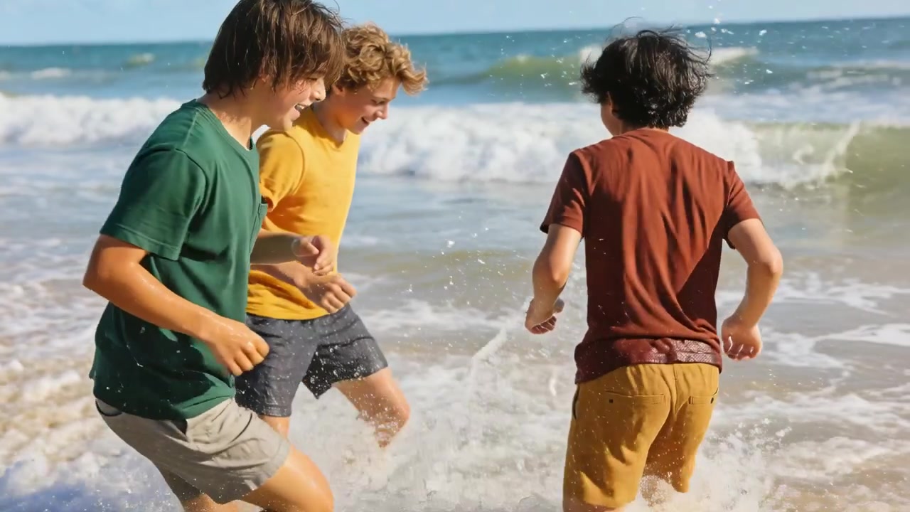 Running three teen boys racing from breaking wave on shore, playing, splashing in T-shirts, shorts