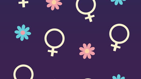 happy womens day animation with female genders and flowers pattern