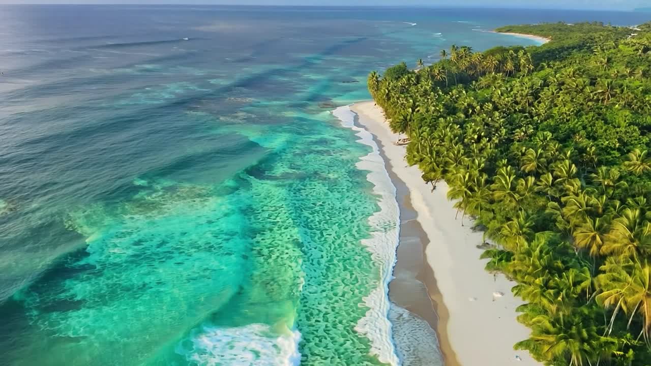Vista aerea di una bellissima spiaggia tropicale con palme e acque turchesi