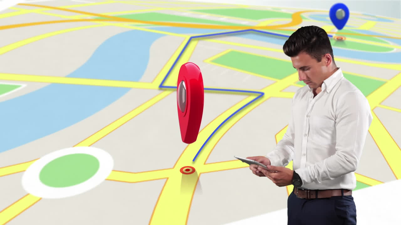 joven hombre de negocios caucásico usando una tableta con antecedentes de plan