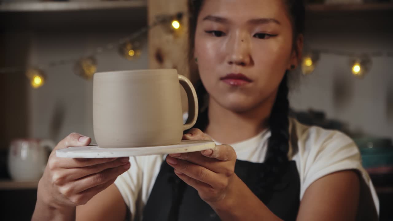 끝난 점토 컵 의 손잡이 를 시도 하는 젊은 여자 도자기