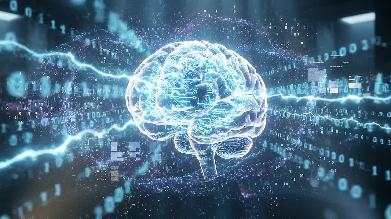 Human brain visualization with flowing data streams and binary code elements representing information processing and cognition