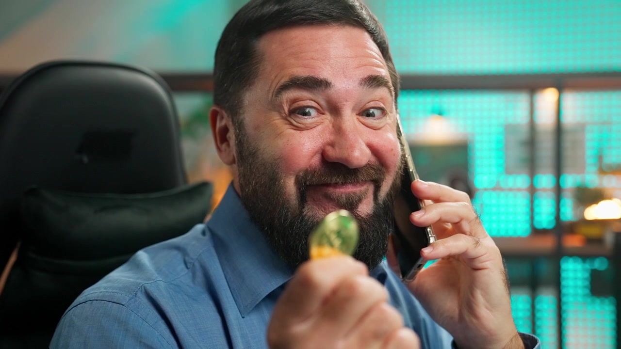 Uomo barbuto felice che parla al telefono e tiene in mano un Bitcoin