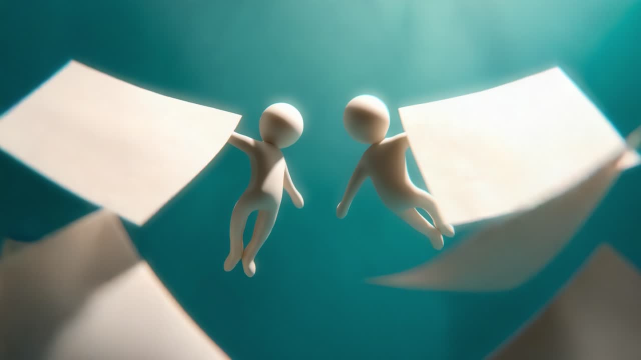 Two playful figures floating amidst swirling sheets of paper, showcasing a whimsical interaction in an abstract environment of motion and creativity, inviting a sense of wonder and imagination