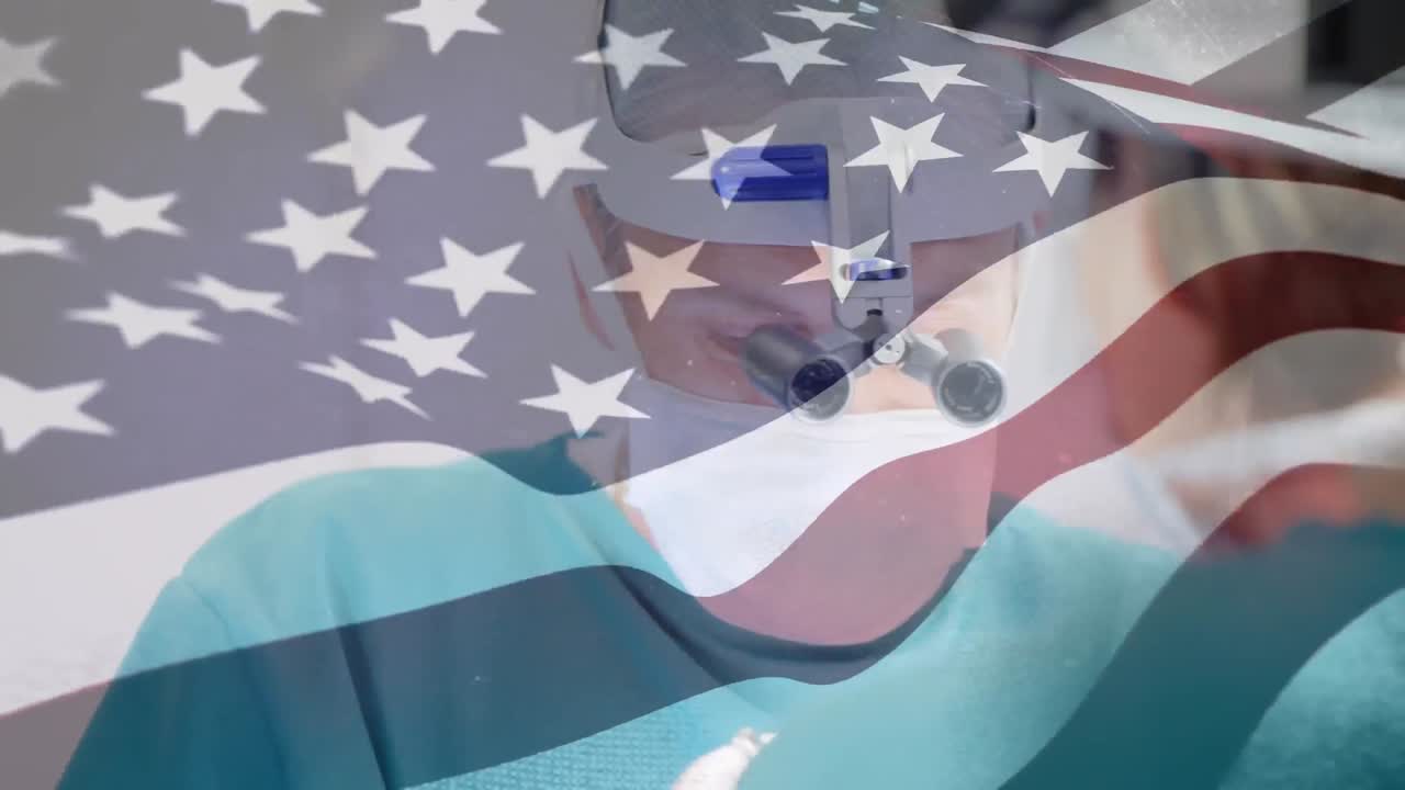 수술실 에서 외과 의사 들 위 에 흔들리는 미국 국기 의 애니메이션