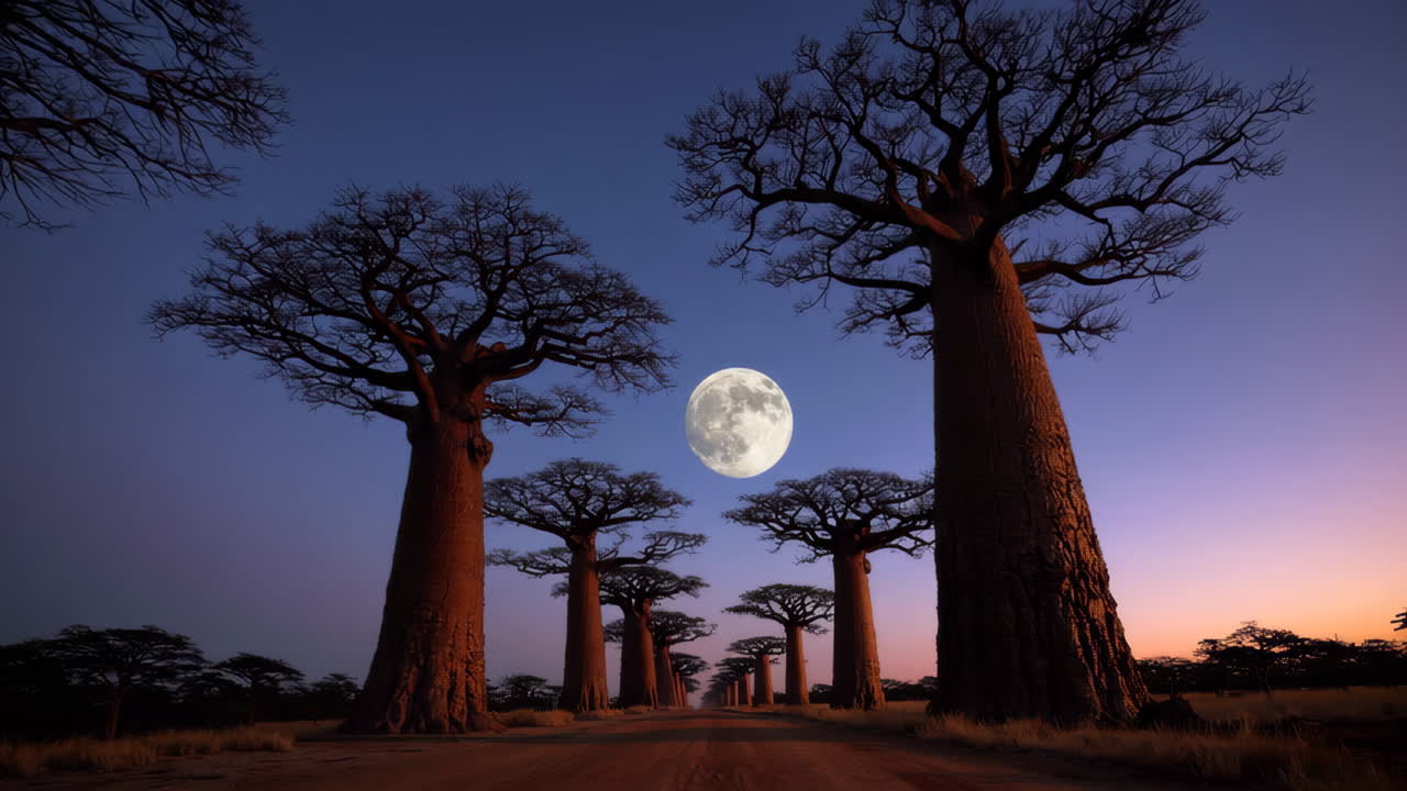 Viale dei Baobab al crepuscolo con la luna piena