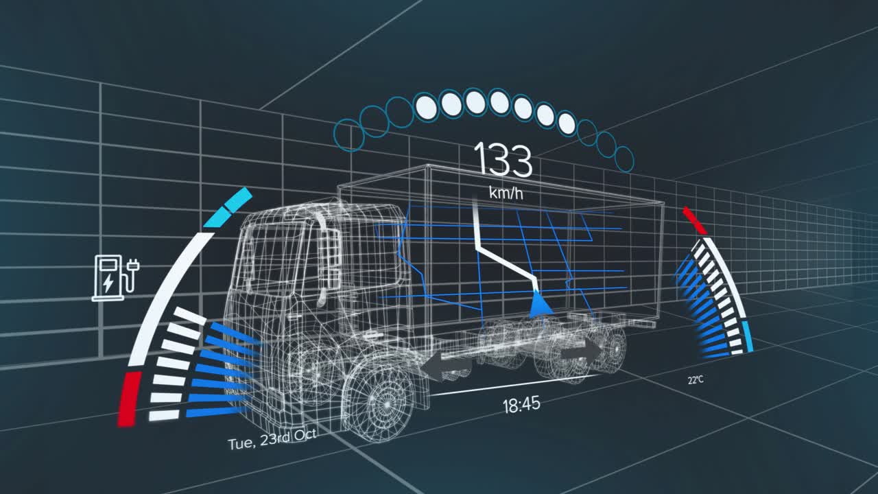 Wireframe truck showing speed readout rising to 121 km or h, lighting gauge arc, drawing line graph