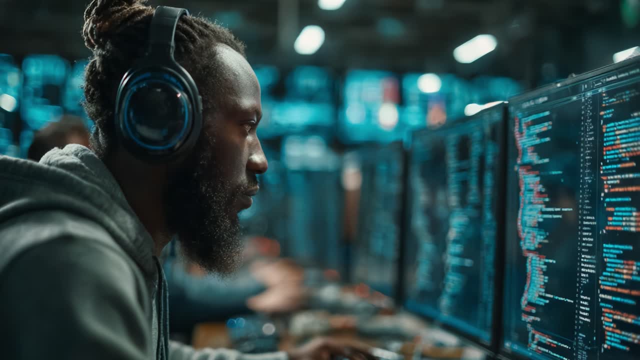 A Focused Programmer Analyzing Code on Multiple Screens with Headphones in a Modern Tech Workspace in a Dark Environment Amidst a Sea of Data