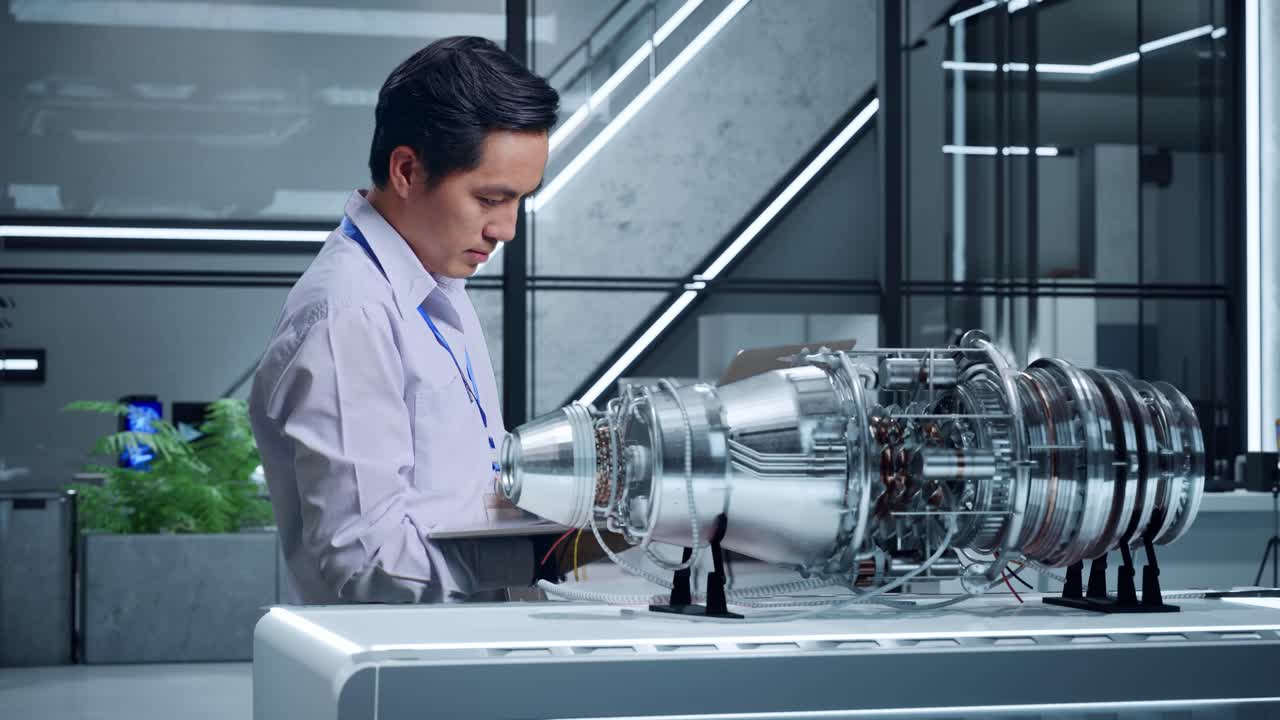 고급 엔진 디자인을 검사하는 엔지니어